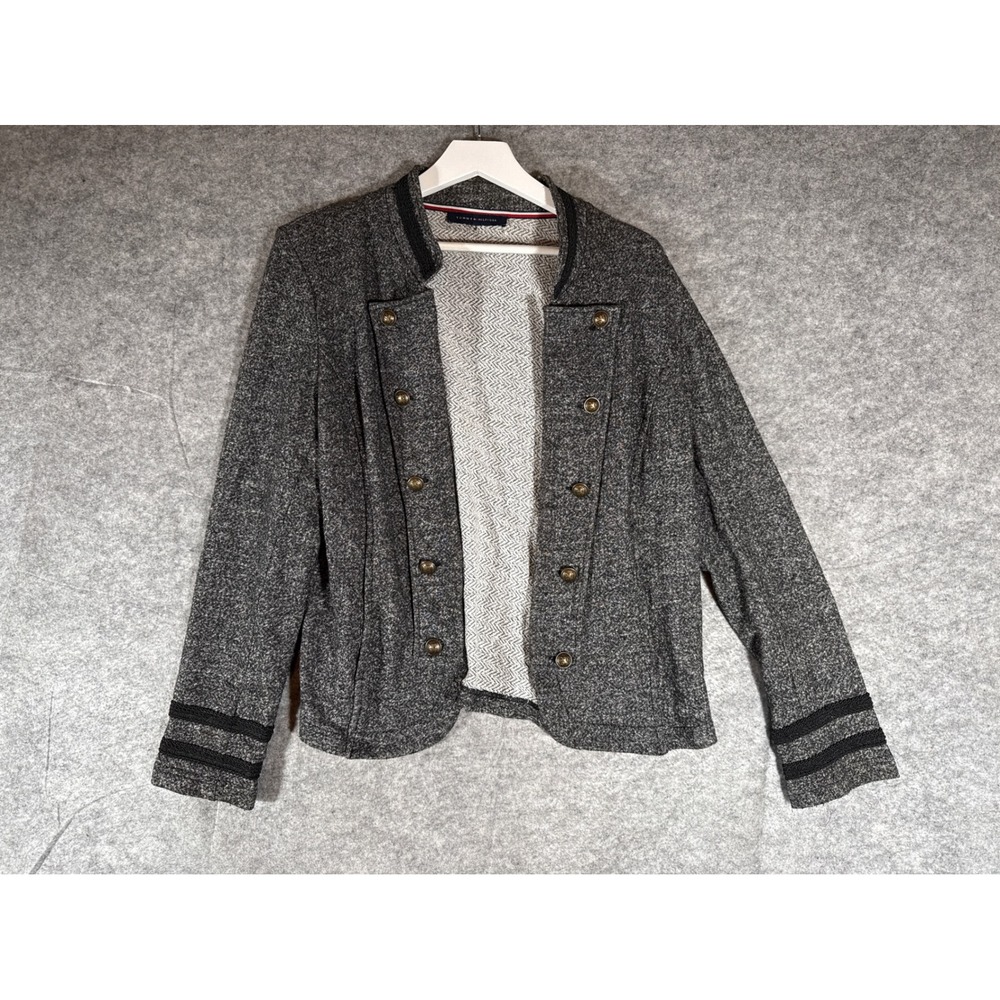 Tommy Hilfiger Womens XL Gray Military Knit Jacket Crest Button Band Blazer